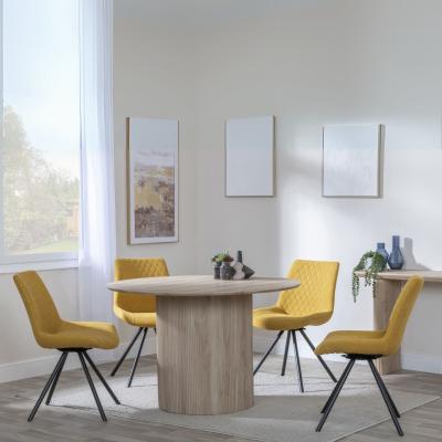 Bern Fluted Oak Effect 4 Seater Round Dining Set 4 Boden Yellow Fabric Swivel Dining Chair