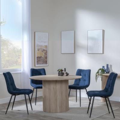 Bern Fluted Oak Effect 4 Seater Round Dining Set 4 Corona Blue Fabric Chairs