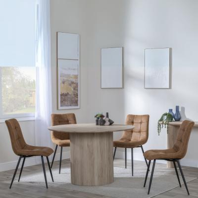 Bern Fluted Oak Effect 4 Seater Round Dining Set 4 Corona Brown Fabric Chairs