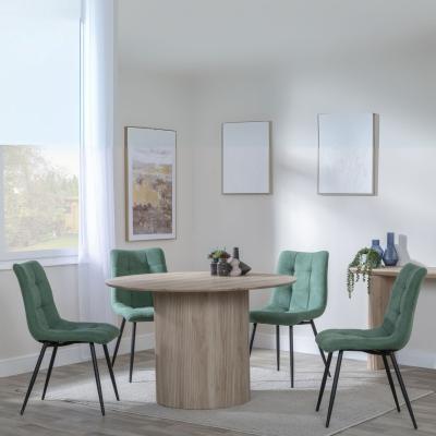 Bern Fluted Oak Effect 4 Seater Round Dining Set 4 Corona Green Fabric Chairs