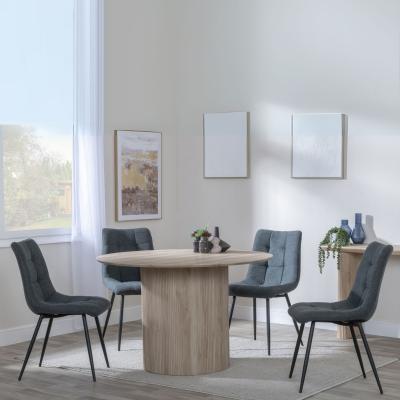 Bern Fluted Oak Effect 4 Seater Round Dining Set 4 Corona Light Grey Fabric Chairs