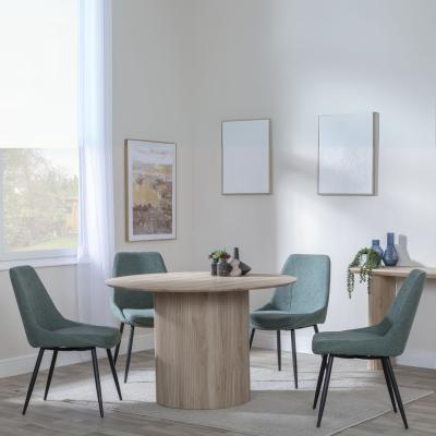 Bern Fluted Oak Effect 4 Seater Round Dining Set 4 Darwin Green Fabric Dining Chair