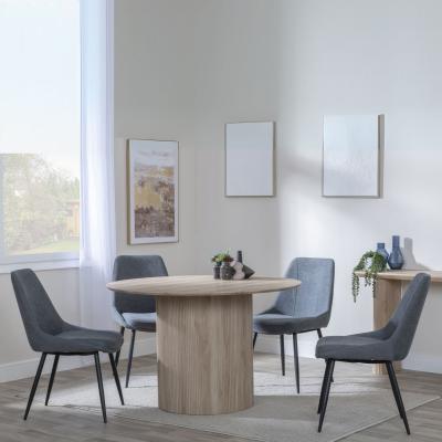 Bern Fluted Oak Effect 4 Seater Round Dining Set 4 Darwin Grey Fabric Dining Chair