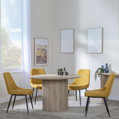 Bern Fluted Oak Effect 4 Seater Round Dining Set 4 Darwin Yellow Fabric Dining Chair