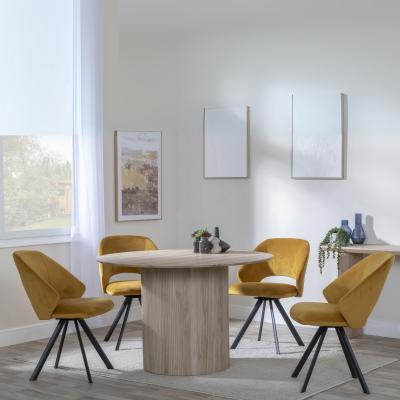 Bern Fluted Oak Effect 4 Seater Round Dining Set 4 Ion Mustard Velvet Fabric Swivel Dining Chair