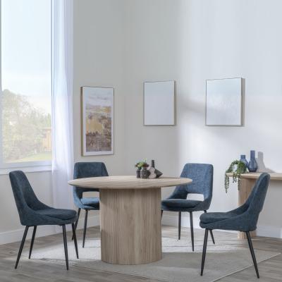 Bern Fluted Oak Effect 4 Seater Round Dining Set 4 Peyton Blue Fabric Dining Chair