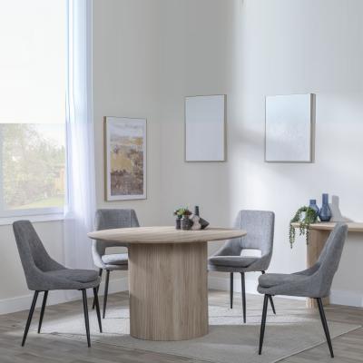 Bern Fluted Oak Effect 4 Seater Round Dining Set 4 Peyton Grey Fabric Dining Chair