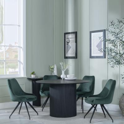 Bern Fluted Black 4 Seater Round Dining Set 4 Arctic Green Velvet Fabric Swivel Dining Chair