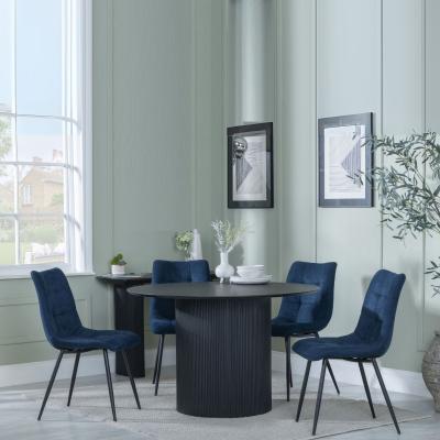 Bern Fluted Black 4 Seater Round Dining Set 4 Corona Blue Fabric Chairs