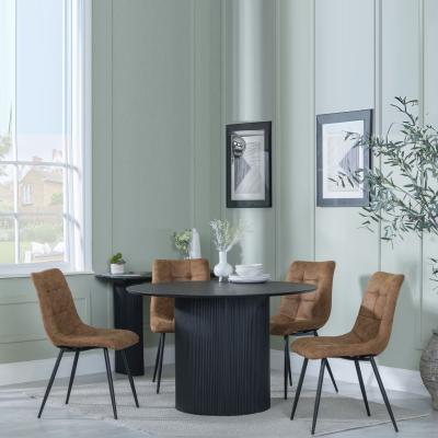 Bern Fluted Black 4 Seater Round Dining Set 4 Corona Brown Fabric Chairs