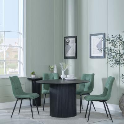 Bern Fluted Black 4 Seater Round Dining Set 4 Corona Green Fabric Chairs