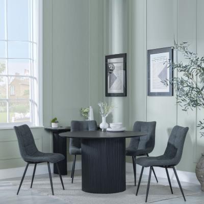 Bern Fluted Black 4 Seater Round Dining Set 4 Corona Light Grey Fabric Chairs