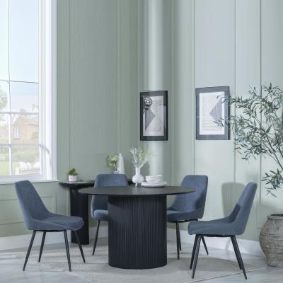 Bern Fluted Black 4 Seater Round Dining Set 4 Darwin Dark Grey Fabric Dining Chair