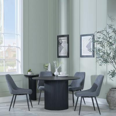 Bern Fluted Black 4 Seater Round Dining Set 4 Darwin Grey Fabric Dining Chair