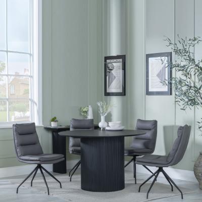 Bern Fluted Black 4 Seater Round Dining Set 4 Diego Grey Leather Swivel Dining Chair