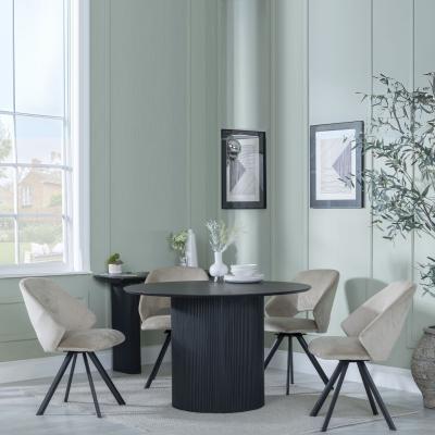 Bern Fluted Black 4 Seater Round Dining Set 4 Ion Beige Velvet Fabric Swivel Dining Chair