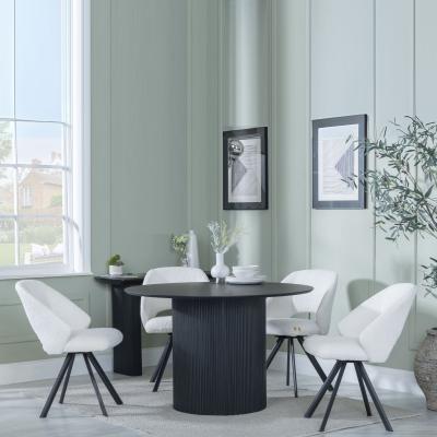 Bern Fluted Black 4 Seater Round Dining Set 4 Ion Cream Velvet Fabric Swivel Dining Chair