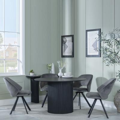 Bern Fluted Black 4 Seater Round Dining Set 4 Ion Dark Grey Velvet Fabric Swivel Dining Chair