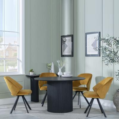 Bern Fluted Black 4 Seater Round Dining Set 4 Ion Mustard Velvet Fabric Swivel Dining Chair