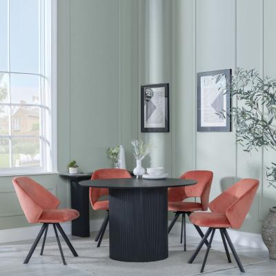 Bern Fluted Black 4 Seater Round Dining Set 4 Ion Orange Velvet Fabric Swivel Dining Chair