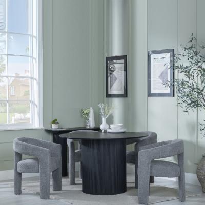 Bern Fluted Black 4 Seater Round Dining Set 4 Kiefer Grey Boucle Fabric Dining Chair