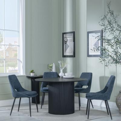 Bern Fluted Black 4 Seater Round Dining Set 4 Peyton Blue Fabric Dining Chair