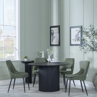 Bern Fluted Black 4 Seater Round Dining Set 4 Peyton Green Fabric Dining Chair