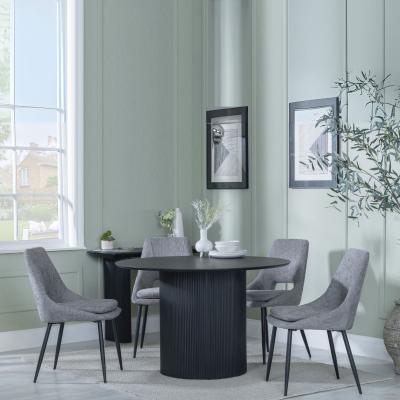 Bern Fluted Black 4 Seater Round Dining Set 4 Peyton Grey Fabric Dining Chair