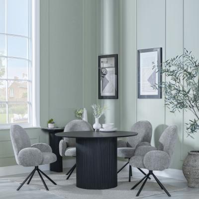 Bern Fluted Black 4 Seater Round Dining Set 4 Theo Dark Grey Fabric Swivel Dining Chair