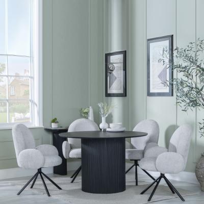 Bern Fluted Black 4 Seater Round Dining Set 4 Theo Grey Fabric Swivel Dining Chair