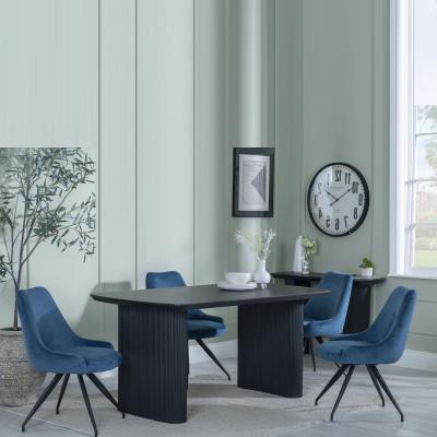 Bern Fluted Black Dining Set Arctic Blue Velvet Fabric Swivel Dining Chair