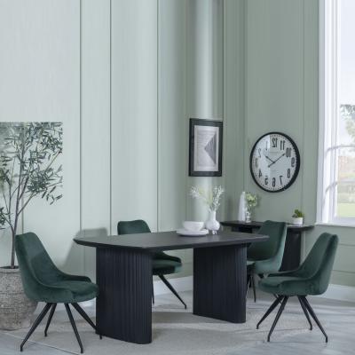 Bern Fluted Black Dining Set Arctic Green Velvet Fabric Swivel Dining Chair