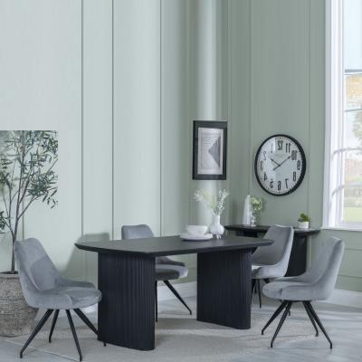 Bern Fluted Black Dining Set Arctic Grey Velvet Fabric Swivel Dining Chair