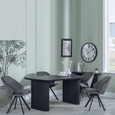 Bern Fluted Black Dining Set Ion Dark Grey Velvet Fabric Swivel Dining Chair