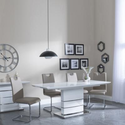 Rimini White Gloss Extending Dining Set Bianco Beige Faux Leather Dining Chair