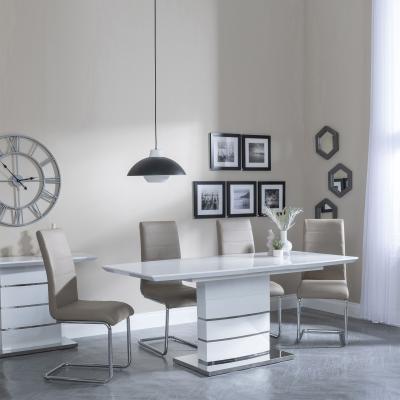 Rimini White Gloss Extending Dining Set Roma Beige Faux Leather Dining Chair