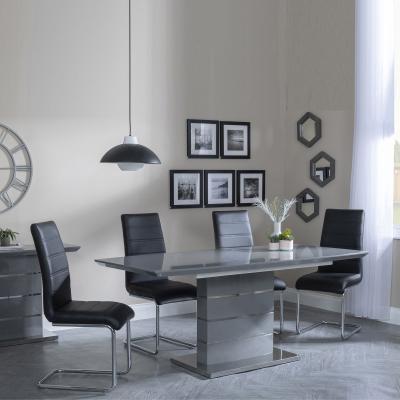 Rimini Grey Gloss Extending Dining Set Roma Black Faux Leather Dining Chair