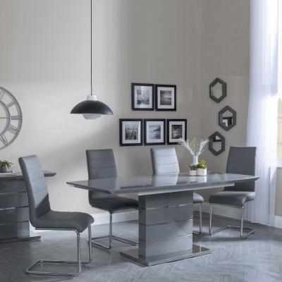 Rimini Grey Gloss Extending Dining Set Roma Grey Faux Leather Dining Chair