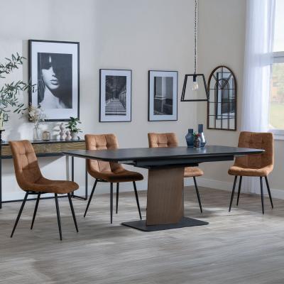 Catalina Black Ceramic Extending Pedestal Dining Set Corona Brown Fabric Chairs