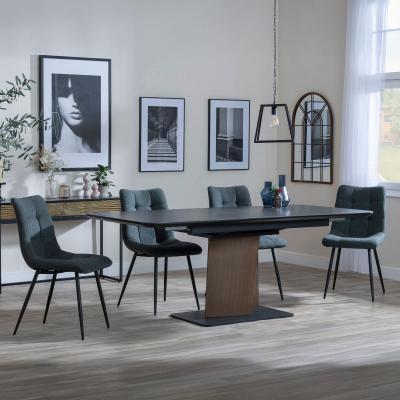 Catalina Black Ceramic Extending Pedestal Dining Set Corona Light Grey Fabric Chairs