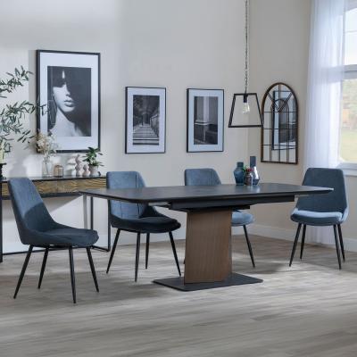 Catalina Black Ceramic Extending Pedestal Dining Set Darwin Dark Grey Fabric Dining Chair