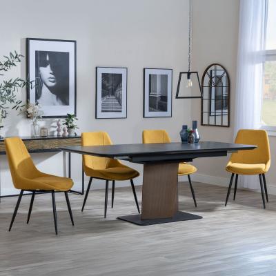 Catalina Black Ceramic Extending Pedestal Dining Set Darwin Yellow Fabric Dining Chair