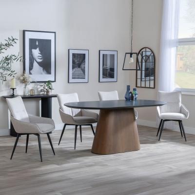 Danetti Dark Grey Ceramic Oval Dining Set With Bronze Pedestal Base Ace Beige Fabric Swivel Dining Chair