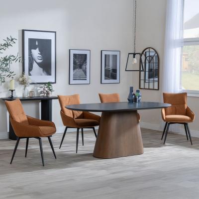 Danetti Dark Grey Ceramic Oval Dining Set With Bronze Pedestal Base Ace Orange Fabric Swivel Dining Chair