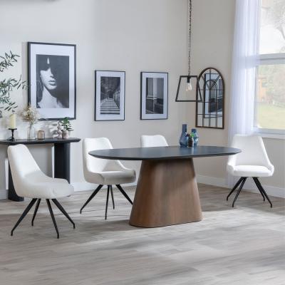 Danetti Dark Grey Ceramic Oval Dining Set With Bronze Pedestal Base Arctic Cream Velvet Fabric Swivel Dining Chair