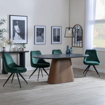 Danetti Dark Grey Ceramic Oval Dining Set With Bronze Pedestal Base Arctic Green Velvet Fabric Swivel Dining Chair