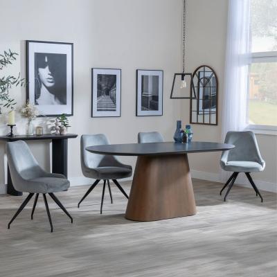 Danetti Dark Grey Ceramic Oval Dining Set With Bronze Pedestal Base Arctic Grey Velvet Fabric Swivel Dining Chair