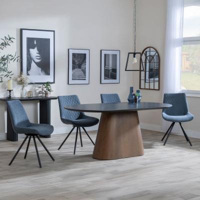 Danetti Dark Grey Ceramic Oval Dining Set With Bronze Pedestal Base Boden Dark Grey Fabric Swivel Dining Chair