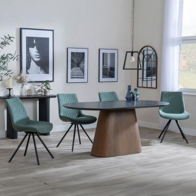 Danetti Dark Grey Ceramic Oval Dining Set With Bronze Pedestal Base Boden Green Fabric Swivel Dining Chair