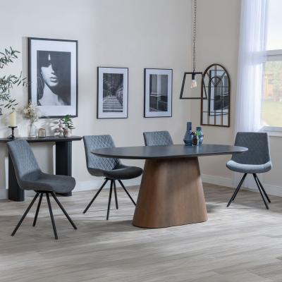 Danetti Dark Grey Ceramic Oval Dining Set With Bronze Pedestal Base Boden Grey Fabric Swivel Dining Chair